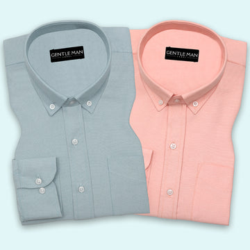 Pack of 2 Blue & Peach Oxford Cotton Shirts Bundle For Men