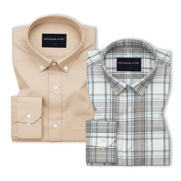 Pack of 2 Cream Oxford & Cloud Gey Classic Check Cotton Shirts Bundle For Men