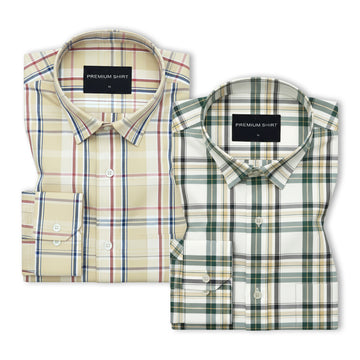 Pack of 2 Amber Forest & Golden Beige Classic Check Cotton Shirts Bundle For Men
