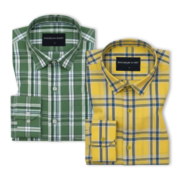 Pack of 2 Highland Green & Marigold Classic Check Cotton Shirts Bundle For Men