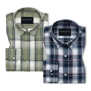 Pack of 2 Olive Green & Navy Blue Classic Check Cotton Shirts Bundle For Men