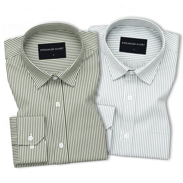 Pack of 2 Olive & Light Grey Cotton Blend Stripes Shirts Bundle For Men