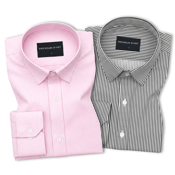 Pack of 2 Pink & Black Cotton Blend Stripes Shirts Bundle For Men