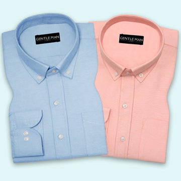 Pack of 2 Sky Blue & Peach Oxford Cotton Shirts Bundle For Men