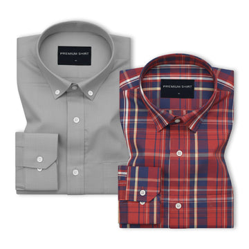 Pack of 2 Silver Oxford & Crymson Red Classic Check Cotton Shirts Bundle For Men