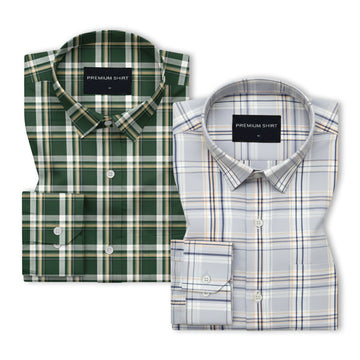 Pack of 2 Woodland Green & Graphite Mustard Classic Check Cotton Shirts Bundle For Men