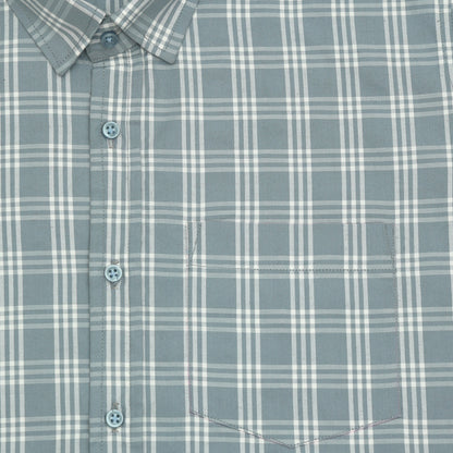 Frosted Teal Classic Check Paper Cotton Shirt For Men