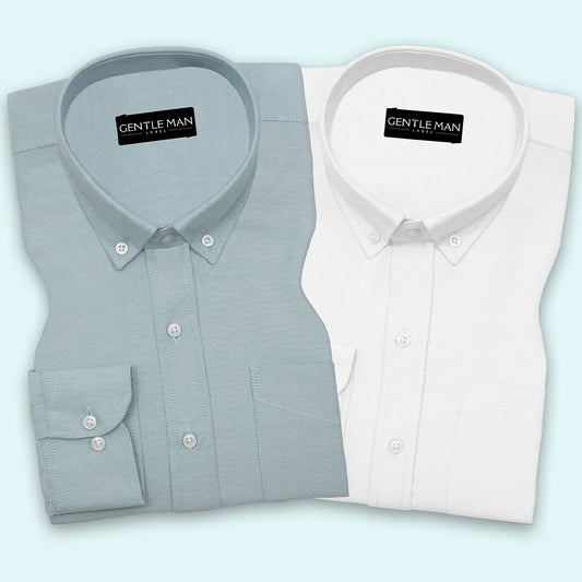Pack of 2 Cyan Blue & White Oxford Cotton Shirts Bundle For Men