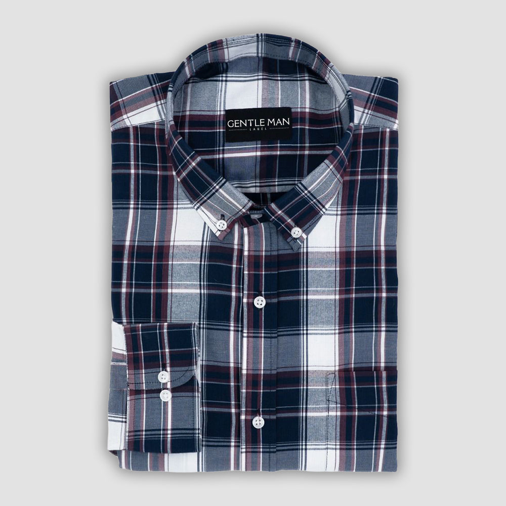 Navy Blue Check Cotton Shirt For Men