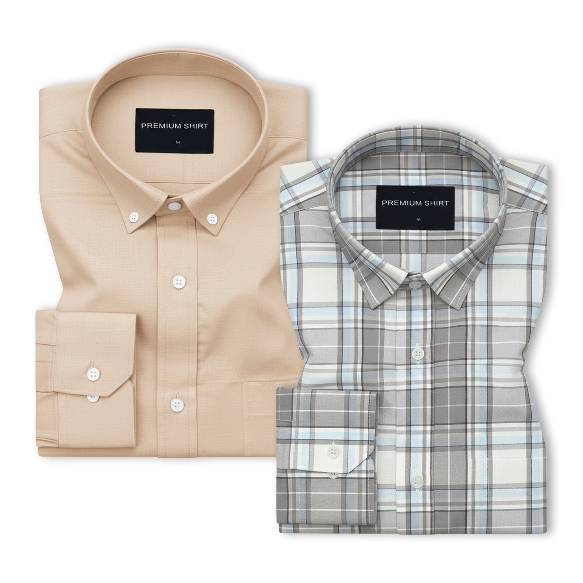 Pack of 2 Cream Oxford & Cloud Gey Classic Check Cotton Shirts Bundle For Men
