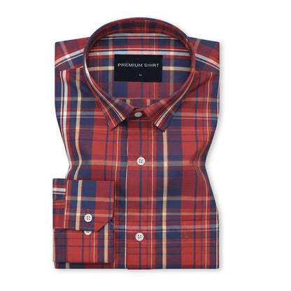 Crimson Red Check Paper Cotton Shirt For Men