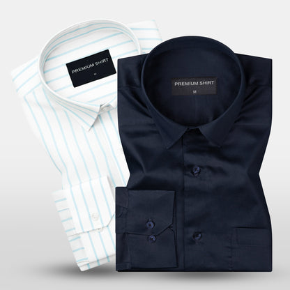 Pack of 2 Deep Navy Satin & Skyline Linen Shirts Bundle for Men