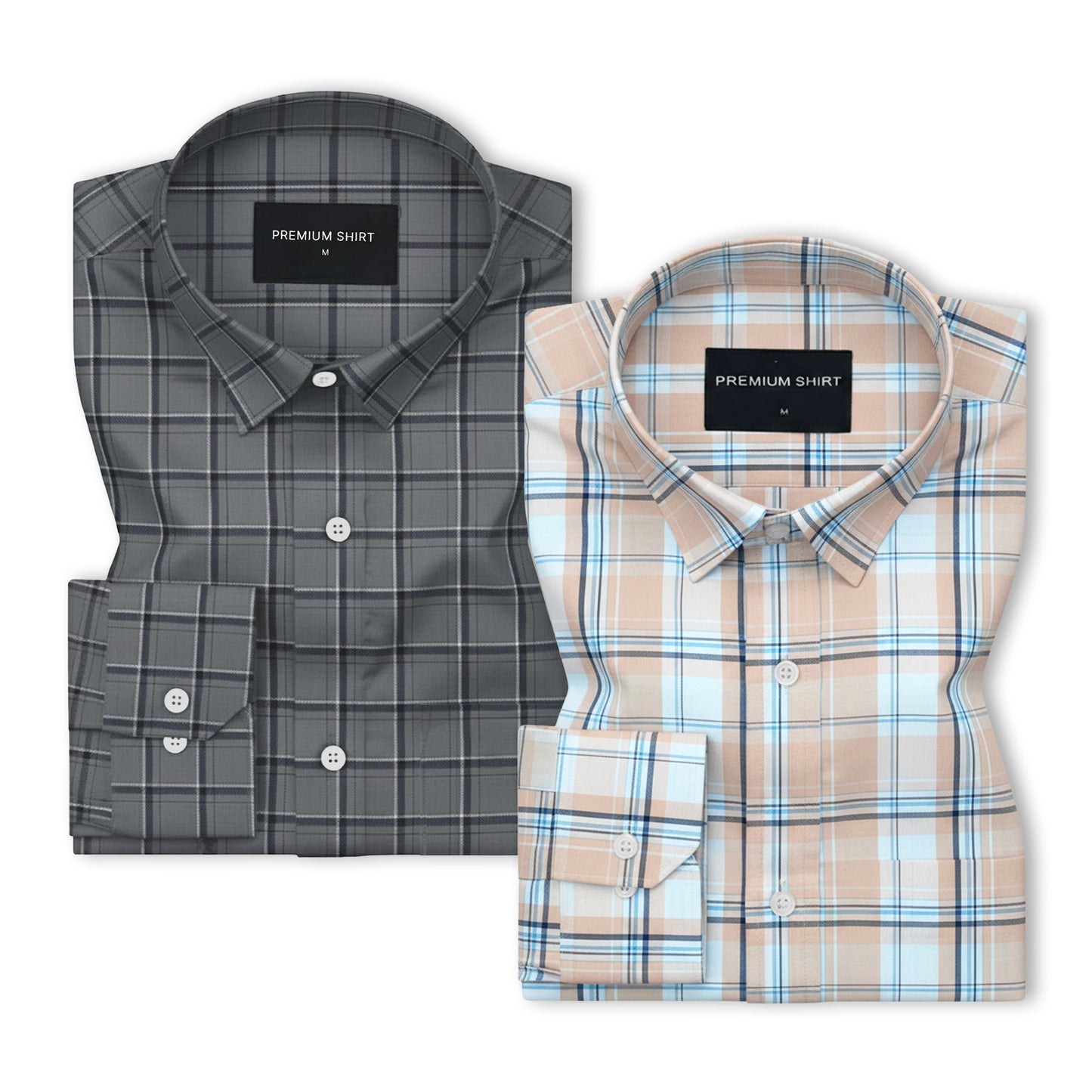 Pack of 2 Graphite & Peach White Classic Check Cotton Shirts Bundle For Men