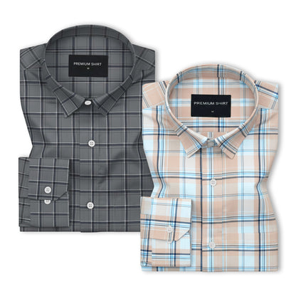 Pack of 2 Graphite & Peach White Classic Check Cotton Shirts Bundle For Men