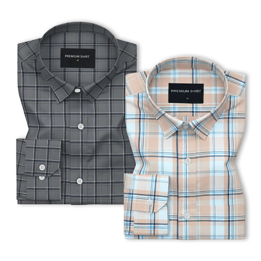 Pack of 2 Graphite & Peach White Classic Check Cotton Shirts Bundle For Men