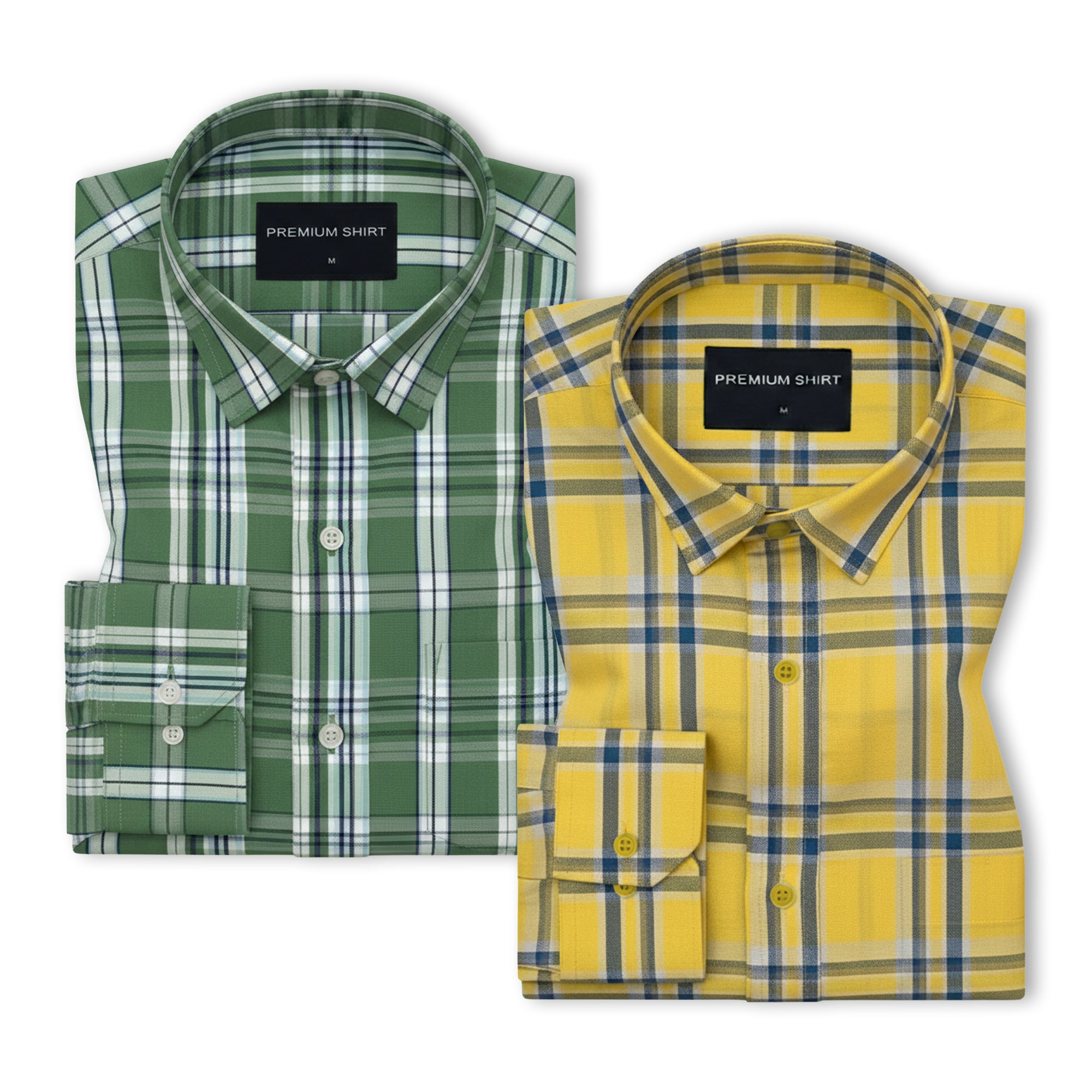 Pack of 2 Highland Green & Marigold Classic Check Cotton Shirts Bundle For Men