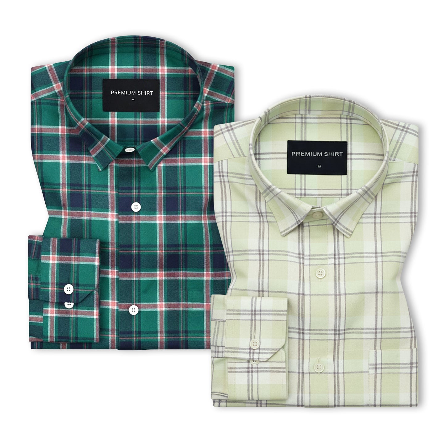 Pack of 2 Moss Green & Pale Pistachio Classic Check Cotton Shirts Bundle For Men