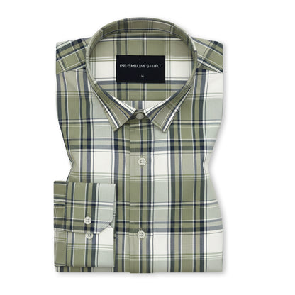 Olive Green Classic Check Paper Cotton Shirt For Men
