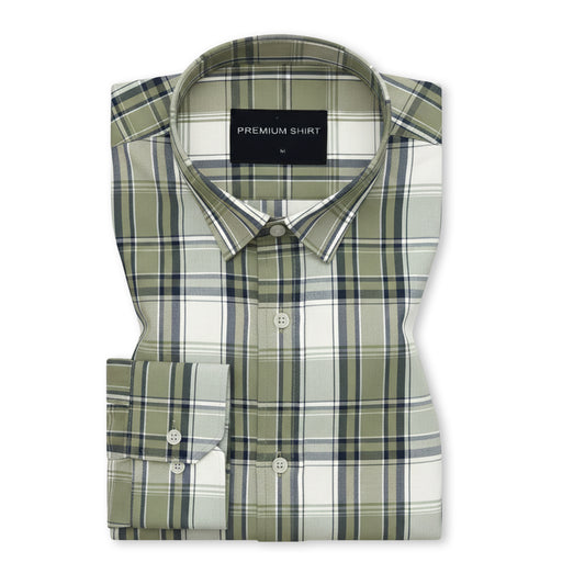 Olive Green Classic Check Paper Cotton Shirt For Men