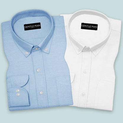 Pack of 2 Sky Blue & White Oxford Cotton Shirts Bundle For Men
