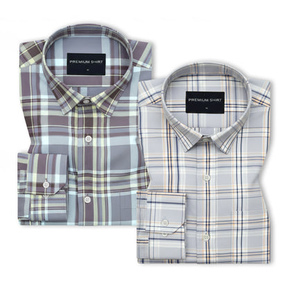 Pack of 2 Walnut Beige & Graphite Mustard Classic Check Cotton Shirts Bundle For Men