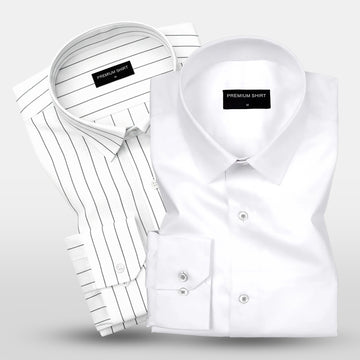 Pearl White Satin & Fine Black Pinstripe Linen Shirts Bundle for Men