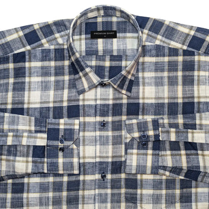 Navy Blue Check Linen Shirt For Men