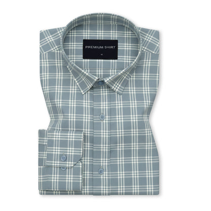 Frosted Teal Classic Check Paper Cotton Shirt For Men