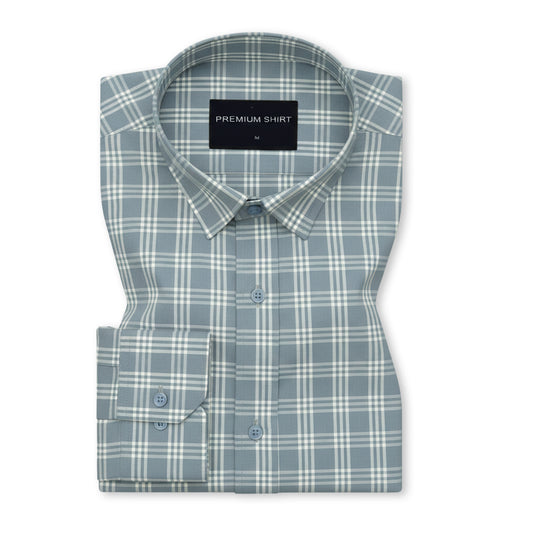 Frosted Teal Classic Check Paper Cotton Shirt For Men