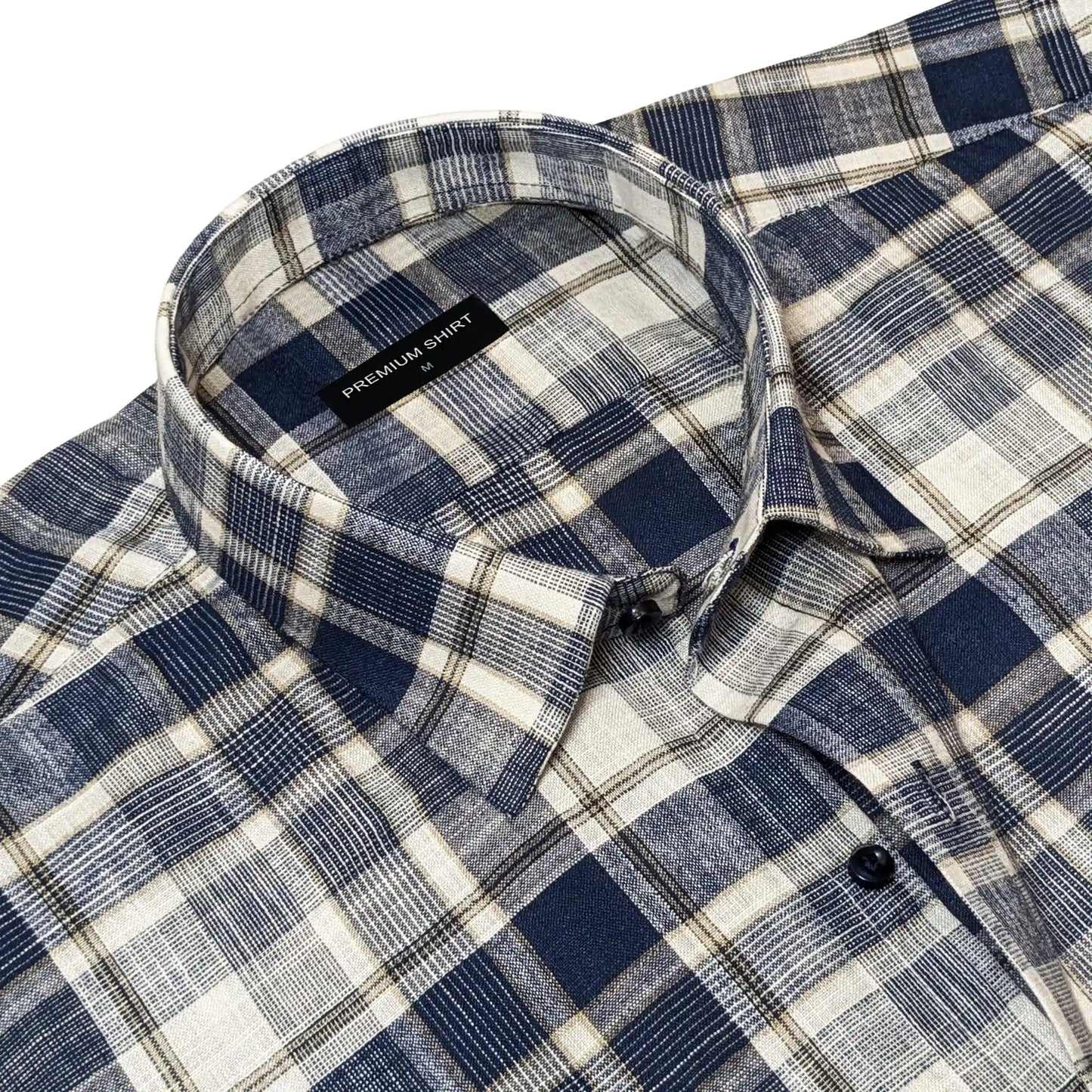 Navy Blue Check Linen Shirt For Men