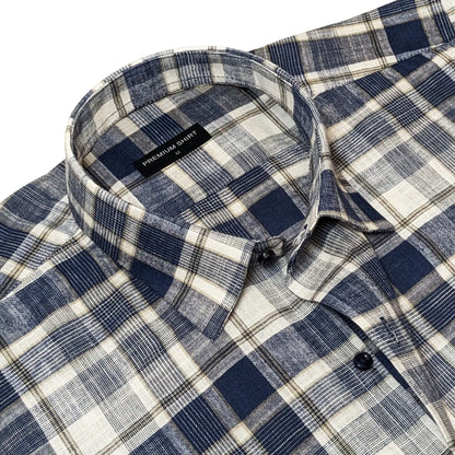 Navy Blue Check Linen Shirt For Men