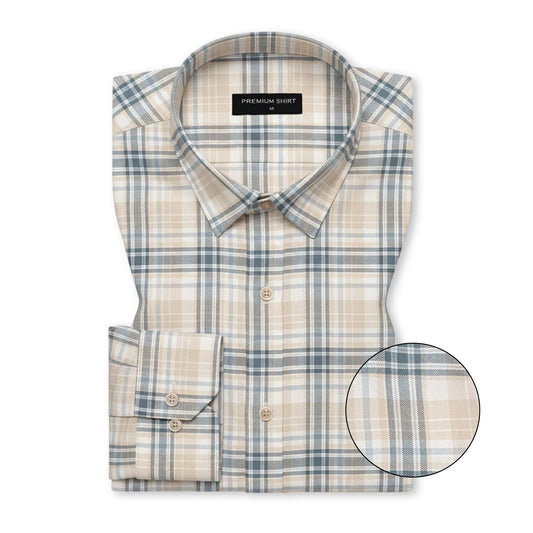 Beige & Teal Classic Check Cotton Blend Shirt for Men