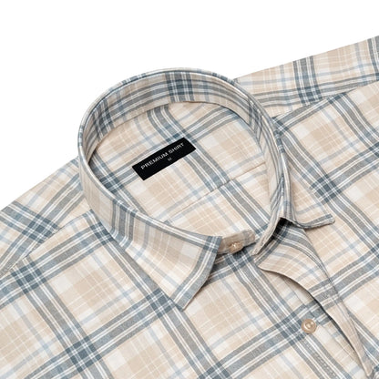 Beige & Teal Classic Check Cotton Blend Shirt for Men